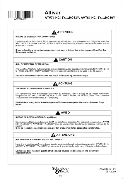 schneider施耐德Instruction sheet - Warning HHP 690v - ATV71HC11Y...HC63Y_ AVT61HC11Y...HC80Y